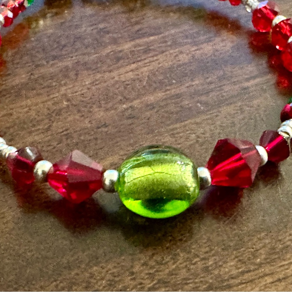 Vibrant Candy Red and Green Beaded Bracelet
